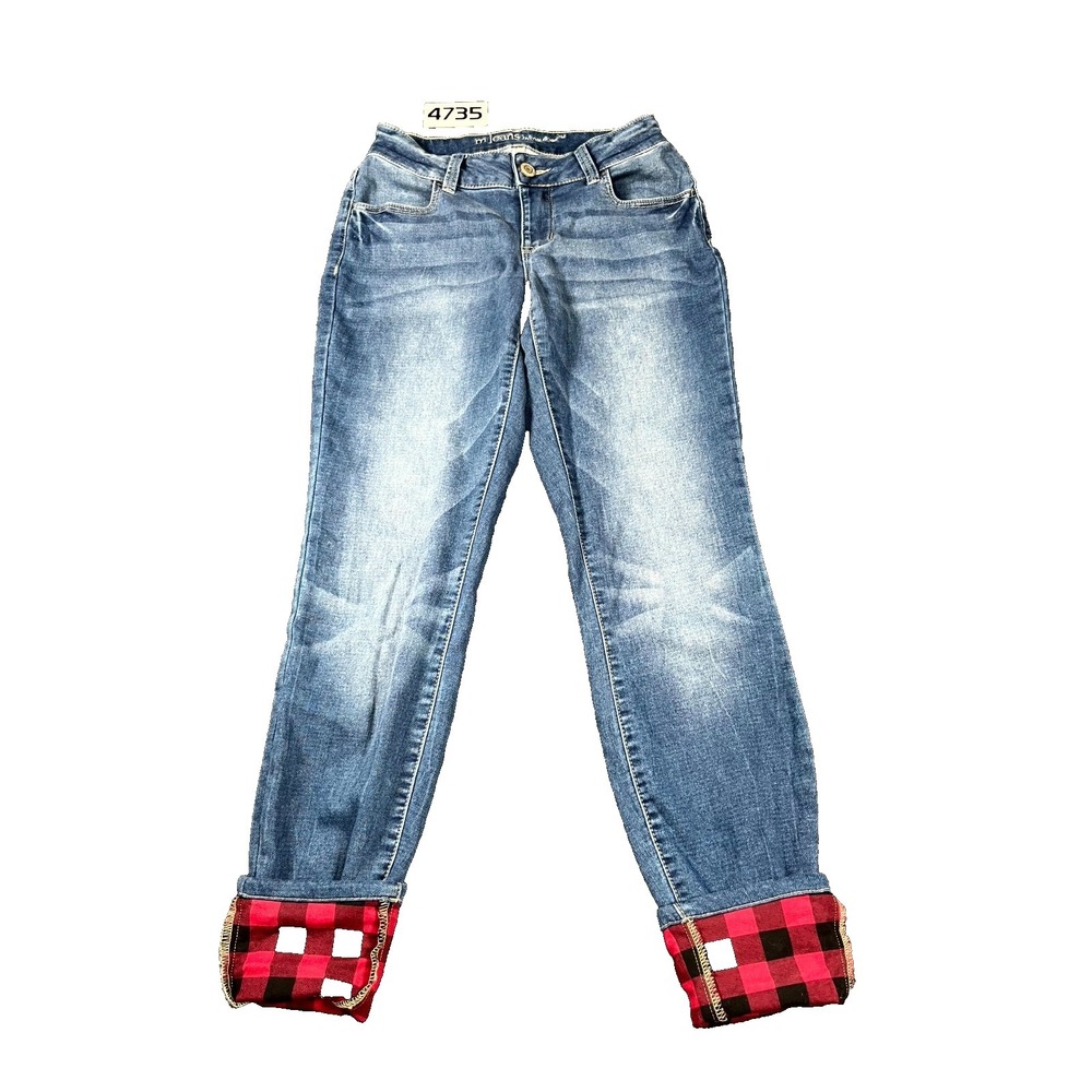 M Jeans By Maurices Womens XS Blue Denim Mid Rise Plaid Flannel Lined Skinny Leg